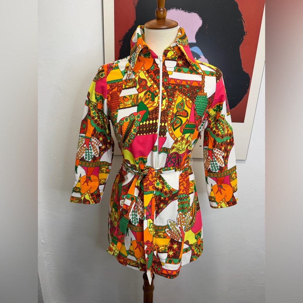 Vintage Psychedelic Flower Power Novelty Sue Ann of Dallas Zip Tunic - Picture 3 of 15